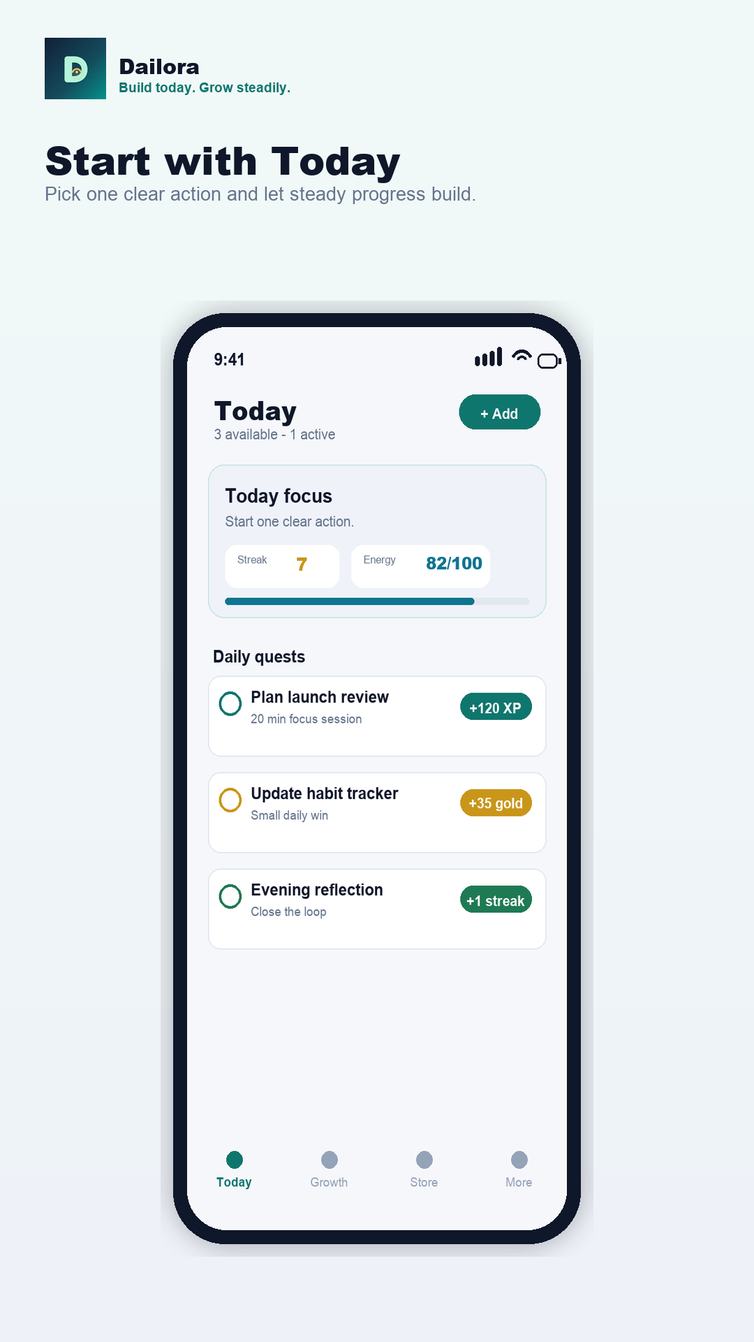 Dailora Today screen showing daily focus